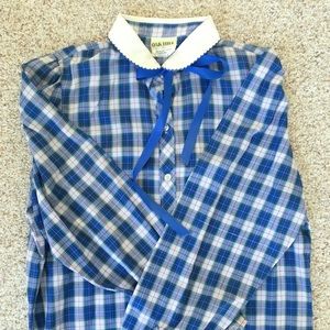 Blue plaid ribbon-tie Peter Pan Collar blouse